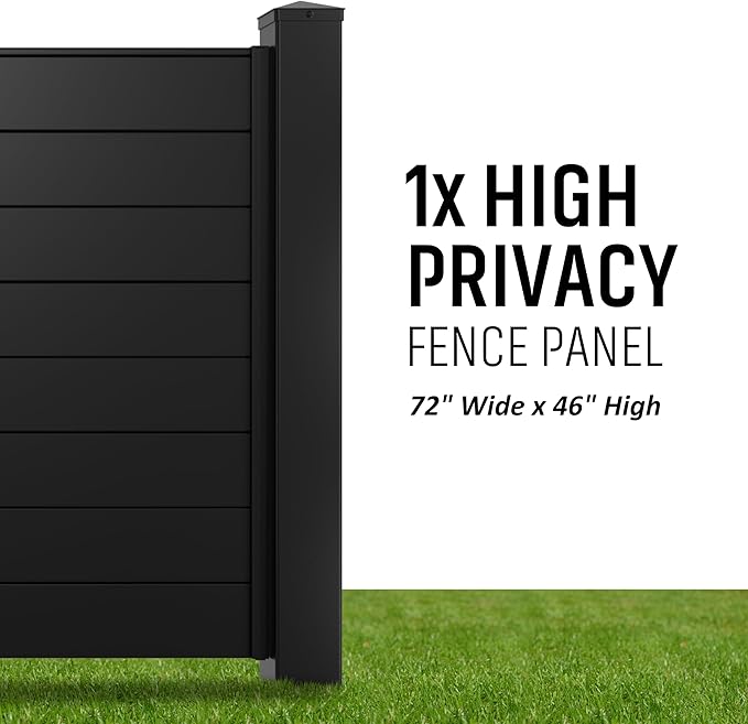 Black Panel & Post Aluminum Privacy Fence Kit – (2) 4"x4"x9' Matte Black Dig & Set Posts with Caps, (1) 72" W x 46" H Fence Panel, (100) Screws