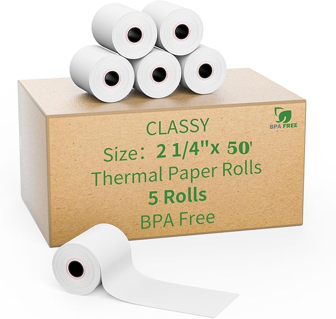 2 1/4" x 50' feet Thermal Paper, POS Cash Register Receipt Rolls, 5 Rolls Receipt Paper, Fits All POS Cash Registers
