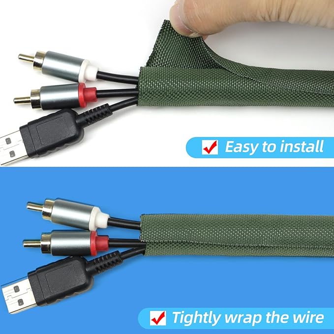 Automotive Wire Loom Tubing, Split Braided Cord Protectors from Pets No Chew, Flexible Cable Sleeve Cable Management for TV/Computer/Electric Wires (Deep Green, 1/2"-10ft)