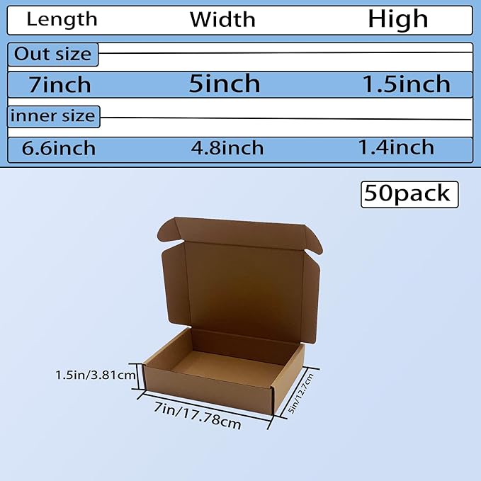7x5x1.5 inch Small Shipping Boxes 50 Pack, Brown Corrugated Cardboard Mailer Boxes Bulk for Packaging Business Mailing Gift， Mini Mailer Boxes for Packaging Supplies Business Present