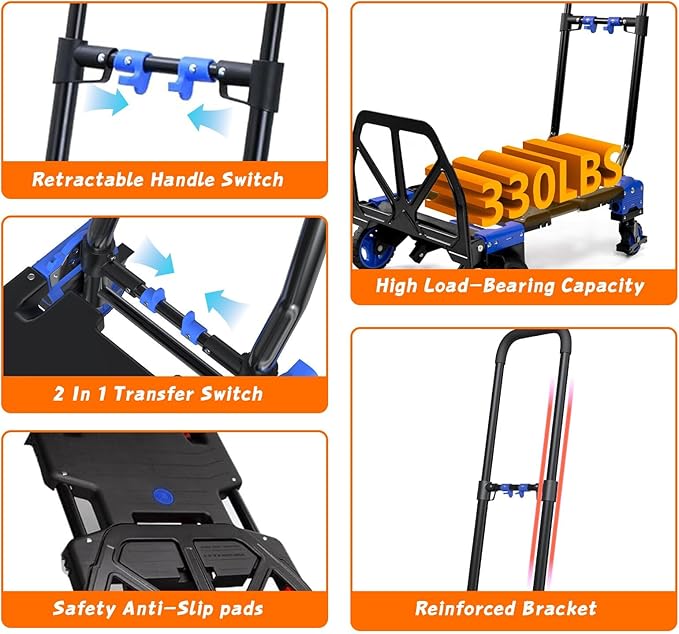 2-in-1 Folding Hand Truck with Folding Basket,Hand Truck with Retractable Handle, 330LBS Capacity Heavy Duty Hand Dolly, Dolly Cart with Wheels for Luggage/Moving/Travel