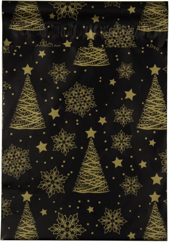 Inspired Mailers - Holiday Poly Mailers 6x9-100 Pack - Christmas Trees and Snowflakes (Black/Gold) - Small Shipping Bags 6x9 - Small Package Bags