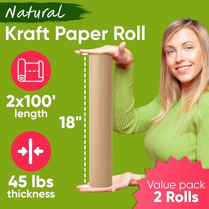 18" x 1200" (100 ft) Brown Kraft Paper Roll (Value Pack of 2), 45 lbs Thickness, Made in USA Colored Kraft Paper for School, Bulletin Board - Odorless, Non-Toxic, Safe for Kids