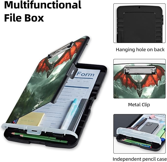 Clipboard with Storage Box & Pen Holder,Heavy Duty Clip Boards 8.5x11 for Nursing,High Capacity,School & Office Supplies,Red Dragon Mountain