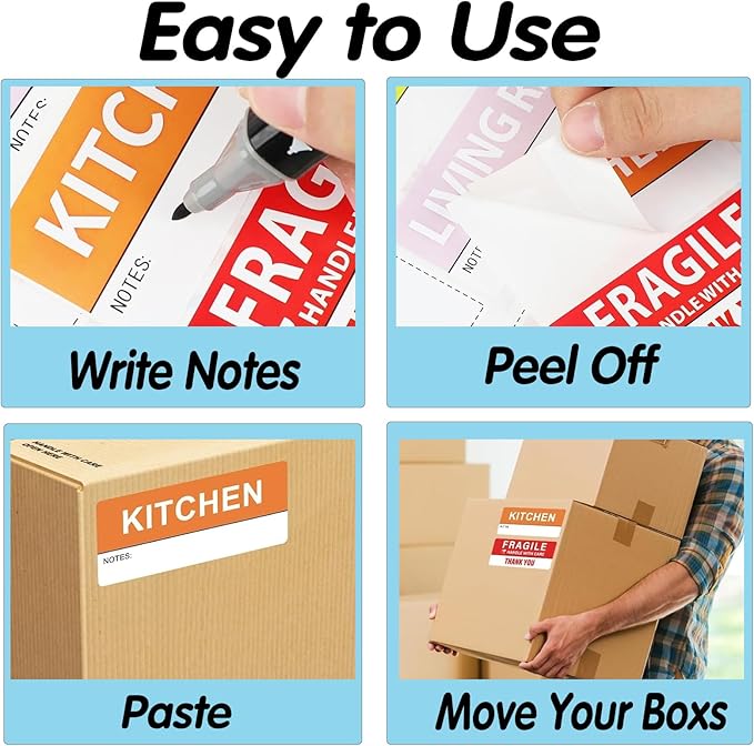 400 Pcs 1.65 x 3.5 Inches Large Home Moving Packing Box Labels, 6-Color Coded Packing Box Stickers with Fragile and Blank Customizable Labels