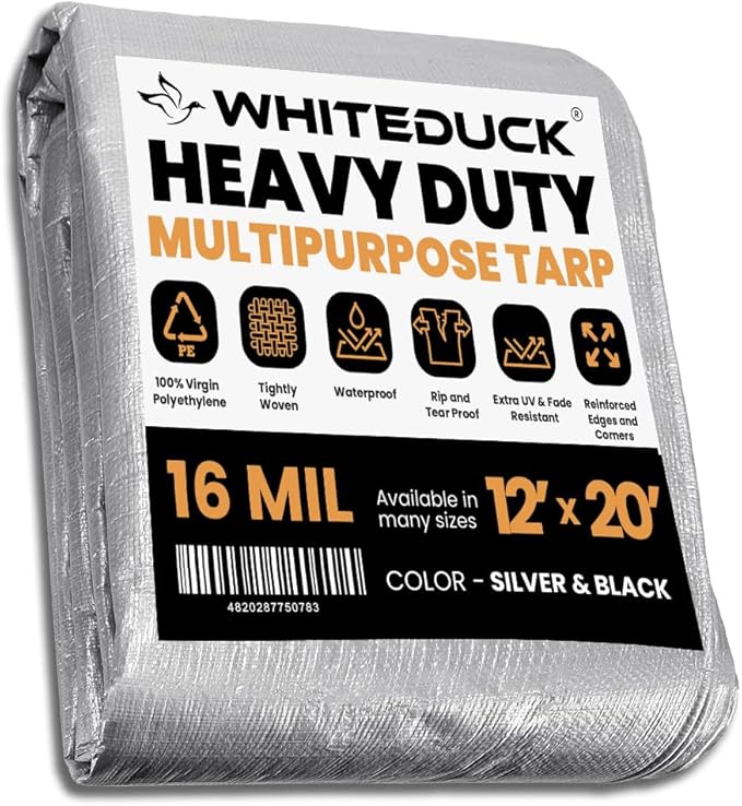 WHITEDUCK Super Heavy Duty Poly Tarp Cover 16 Mil & 10 Mil with Grommets and Reinforced Edges (Brown, White & Silver Black) (Silver Black- 16 Mil, 12' x 20')