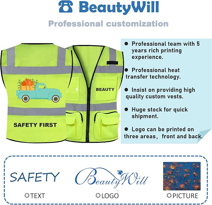BeautyWill Custom Logo Safety Vest Mesh High Visibility Reflective Vest Customized Logo Utility Zipped Pockets Construction Workwear （Yellow,M）