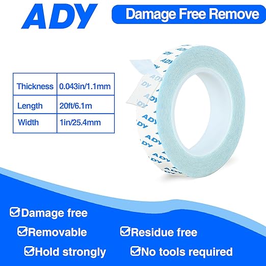 ADY Removable Double Sided Tape Heavy Duty 1in x 20ft,Clear Nano Adhesive Mounting Tape for Walls,Damage Free Picture Hanging Adhesive Strips for Rent Room, Poster Stick Transparent Tape