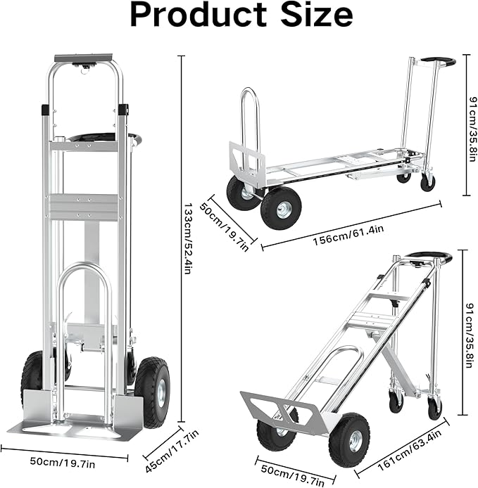 3in1 Convertible Hand Truck Dolly Cart, 880 lb Aluminum Hand Trucks Heavy Duty Furniture Appliance Dolly W/10 Wheels,Utility Cart for Transport & Moving Office, Home & Warehouse Use (Silver)
