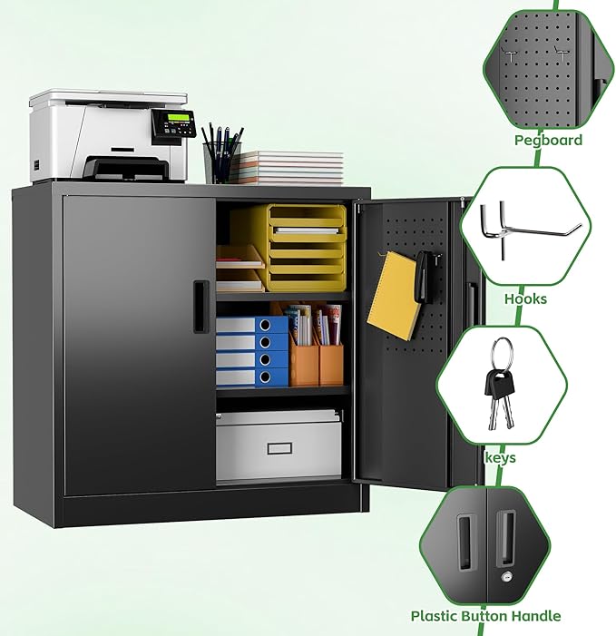Metal Storage Cabinet with Lock, Lockable Metal Garage Cabinet with Pegboards and Hooks for Garage,Warehouse,Home,Office, Assembly Required,Black