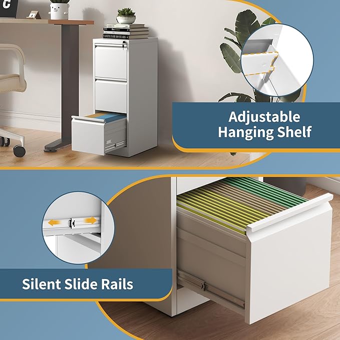 3 Drawer File Cabinet with Lock, Vertical Filing Cabinets for Home Office, Metal Storage Cabinets, Heavy Duty File Cabinet for Letter/Legal/A4/F4 Size Amssebly Required, White