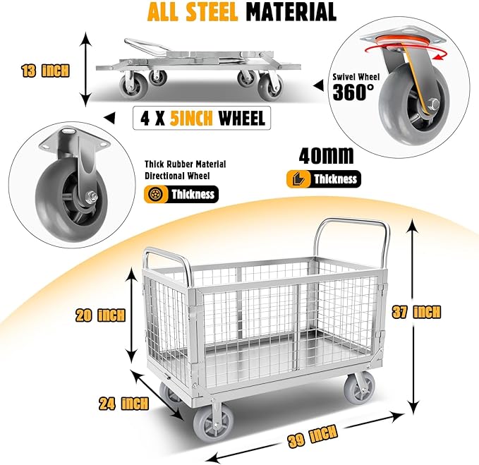 Platform Truck Cart with Cage, 6-in-1 Flatbed Utility Carts, Foldable Heavy Duty Push Cart Dolly W/Swivel Wheel, Rmovable Side, 1800lbs Capacity, 39"x24" Hand Truck for Groceries, Garage, Warehouse