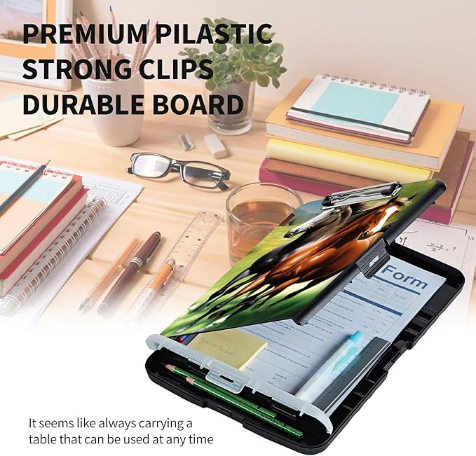 Clipboard with Storage High Capacity Plastic Nursing Clipboards with Pen Holder File Folder Storage Box Clipboard with Heavy Duty Clips for Teacher,Doctor,Offices-Running Horse
