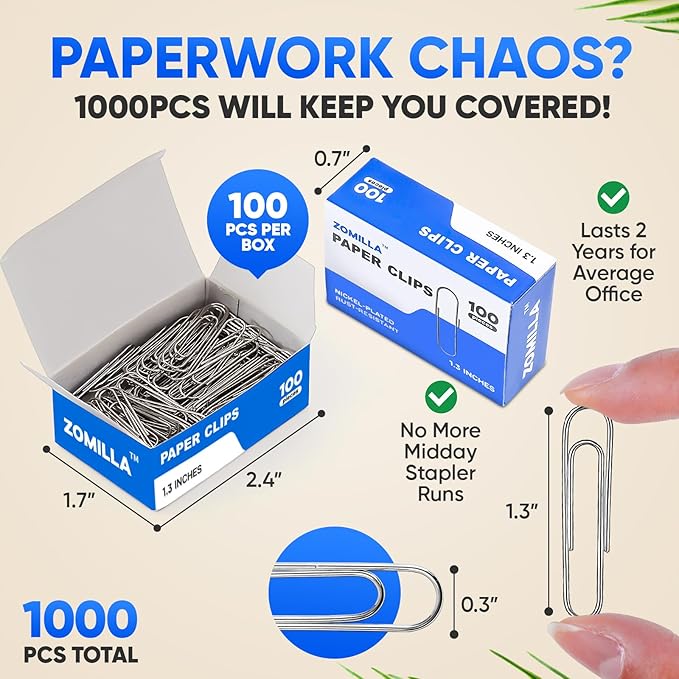 Paper Clips, Zomilla 1000 Pcs Paperclips (10 Boxes of 100 Each), 1-2/7" Medium Paper Clip, Rustproof 1.3 Inches Metal Paper Clip for Office, School, Home - Silver