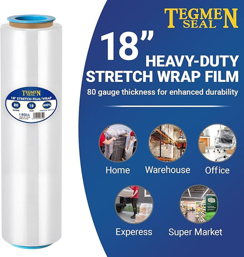 1-Pack 18" Stretch Wrap Rolls - 80 Gauge Industrial Strength Clear Film, 1200ft Length with Plastic Handle Option - Heavy Duty Self-Adhering for Moving, Shipping, Pallet Packing