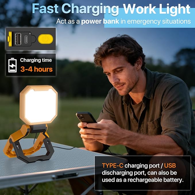 HYPERLITE Rechargeable Work Light - 2pack 40W 4000Lumens - Hanging Hook Folding Portable Magnetic Work Light - Mechnic Light for Car Repairing Camping Working and Hurricane (Yellow)
