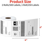 Thermal Labels 4x6 Roll - 500 Direct Thermal Perforated Postage Shipping Labels for Rollo, Zebra, MUNBYN and Polono Printers (NOT for DYMO)
