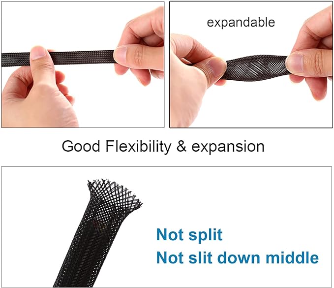 25ft - 1/4 inch PET Expandable Braided Sleeving – Black – Alex Tech Braided Cable Sleeve