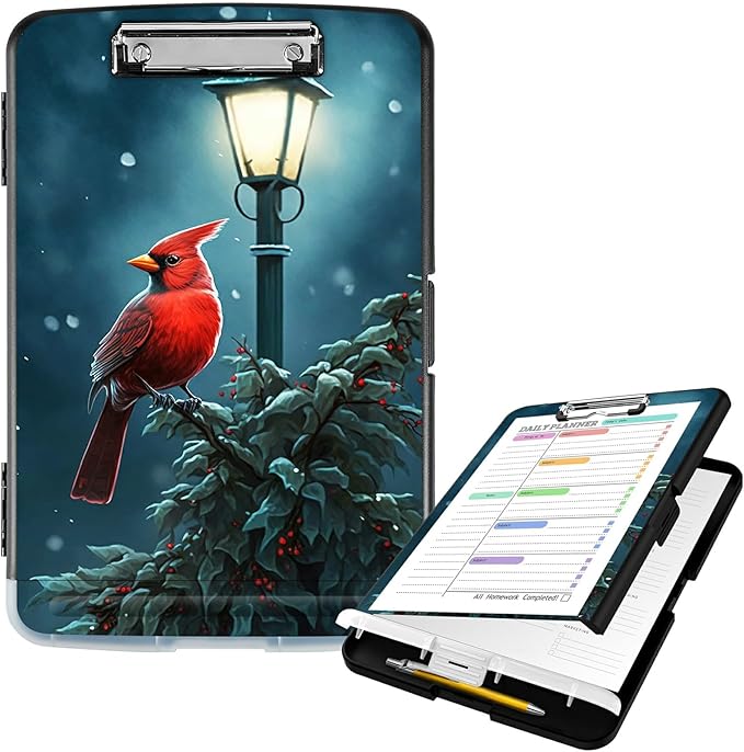 Clipboard with Storage High Capacity Plastic Nursing Clipboards with Pen Holder File Folder Storage Box Clipboard with Heavy Duty Clips for Teacher,Doctor,Offices-Northern Cardinal Bird