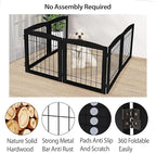 LZRS 6-Panel Extra Wide Wooden Freestanding Dog Gate: Foldable Solid Wood and Steel Wire Chew Resistant Safety Barrier for Doorways, Stairs, and Open Long Spaces Indoor Use,Dark Black