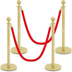Ferraycle 4 Pcs Stainless Steel Stanchions Post Queue 38 Inch, 5 ft Velvet Carpet Ropes and Pole, Control Barriers for Wedding Birthday Party Decoration Sand Injection Hollow Base Set (Glitter Gold)