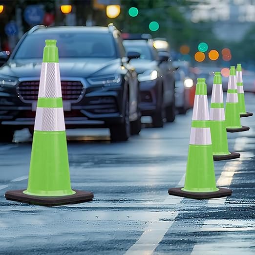 4 Pack 28 Inch Green PVC Traffic Cones Black Base Stable Flexible, Road Safety Construction Zone Crowd Control Safety Cones Outdoor Use (4, Green, 28 Inch)