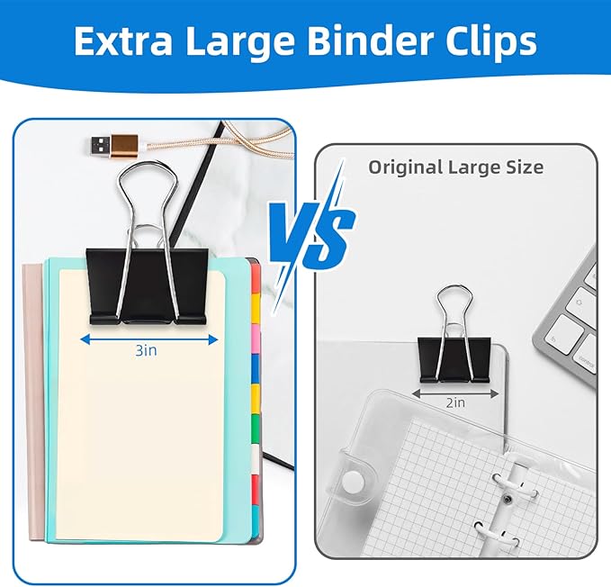 Jumbo Binder Clips 3 inch,75mm Width,6 Pack Extra Large Binder Clips for Office,School and Home Organization,Black