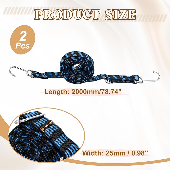uxcell 2Pcs Adjustable Bungee Cords with Hooks, 79 Inch Flat Heavy Duty Elasticity Straps Rubber Bungee Cords with Buckle for Outdoor, Camping, Tarp, Bike Rack, Luggage, Black Blue