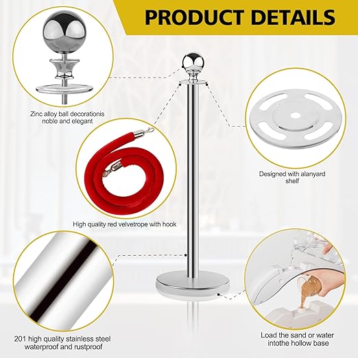 Stainless Steel Stanchion Post Queue,5 ft Red Velvet Rope Red Carpet Ropes and Poles Crowd Control Barriers,Sand Injection Hollow Base and Velvet Ropes Set for Party Supplies (4 Pieces, Silver)