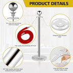 Stainless Steel Stanchion Post Queue,5 ft Red Velvet Rope Red Carpet Ropes and Poles Crowd Control Barriers,Sand Injection Hollow Base and Velvet Ropes Set for Party Supplies (4 Pieces, Silver)