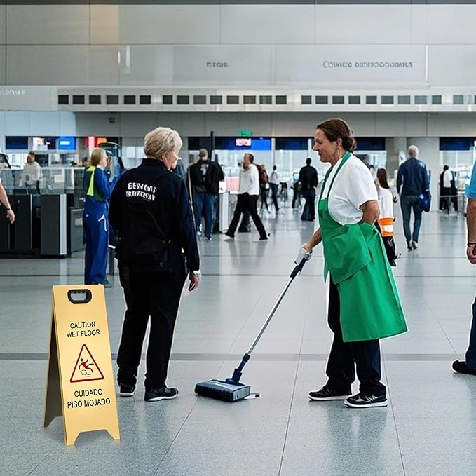 2 Pcs 24 Inch Stainless Steel Wet Floor Sign, Heavy Duty Caution Wet Floor Sign Double Sided Portable Foldable Bilingual Safety Warning for Restaurant Restroom Office Avoid Fall (Gold)