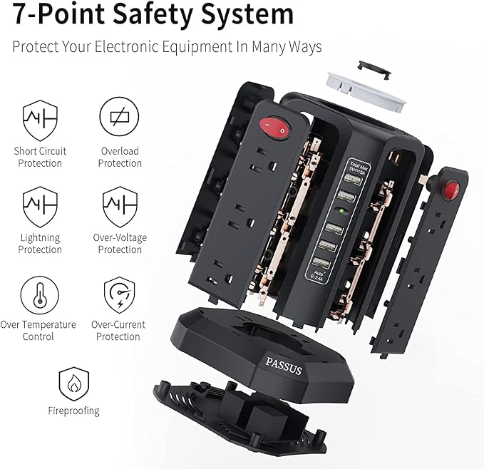 Surge Protector Power Strip Tower with 5 USB Ports and Night Light, 10FT Extension Cord with 12 AC Multiple Outlets, PASSUS Power Tower, Overload Protection for Home Office Dorm Room (2PC-White+Black)