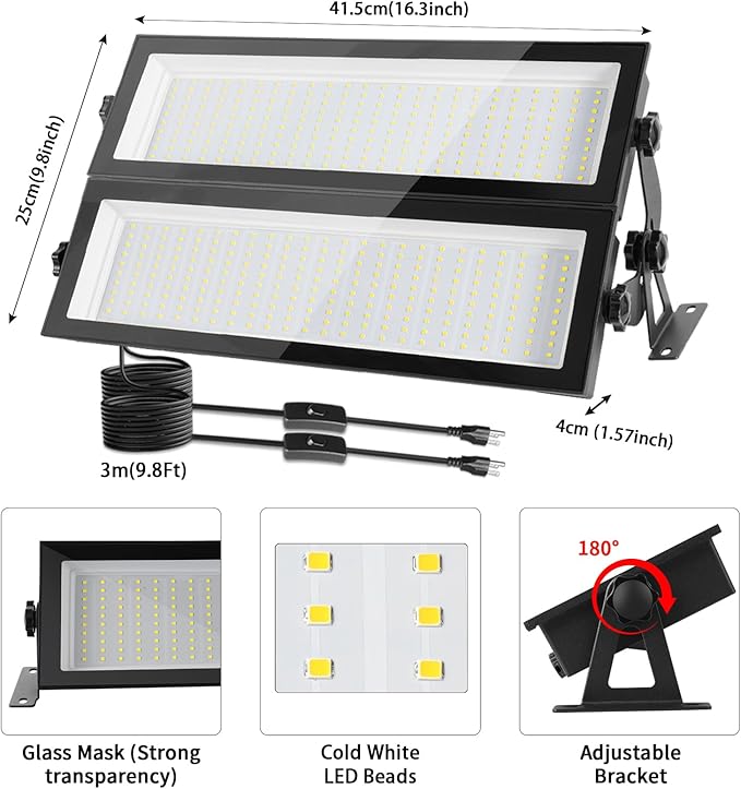 FastDeng 2 Pack LED Shop Lights, 150W 18000lm 5000K Daylight LED Garage Light, IP66 Waterproof Outdoor Flood Light with US Plug 10FT Cord and Switch for Workshop Yard Factory Warehouse