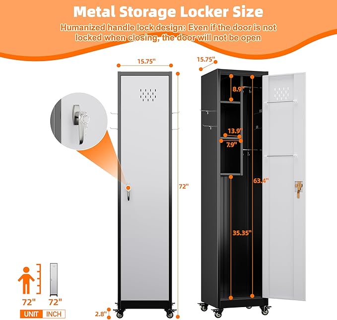 Aobabo 72" H Broom Closet Storage Cabinet, Lockable Metal Cleaning Storage Cabinet with Hooks for Home, Assembly Required Black Gray