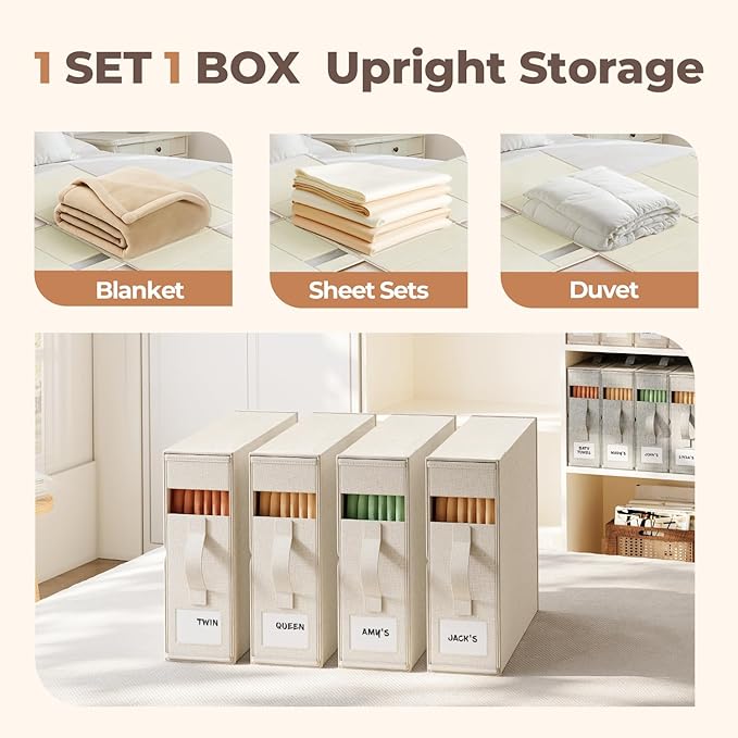 6Pack Linen Sheet Organizers and Storage - King/Queen Size Sheet Storage Organizer with Window, Foldable & Dustproof Sheet Organizer for Linen Closet for Summer Blankets & Sheet Sets,Off-white