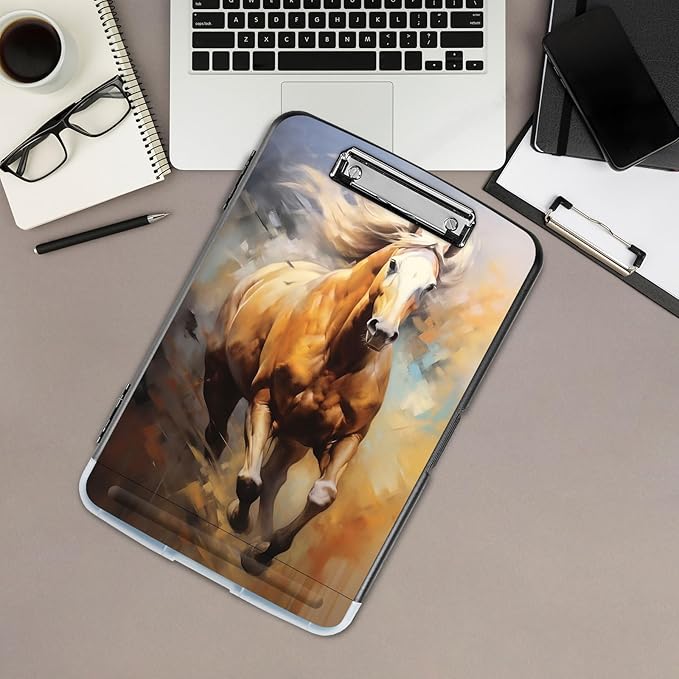 Clipboard with Storage,Office Supplies Nursing Clipboards Folder with Pen Holder Plastic Storage ClipBoard Foldable for Teacher Nurse,Galloping Horse
