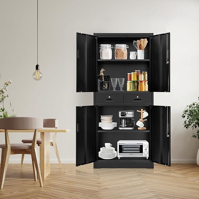 Metal Storage Cabinet, 71" Locking Storage Cabinet with Adjustable Shelves and 2 Drawers, Steel Cabinets for Office, Garage, Home, School, Utility Room(Black)