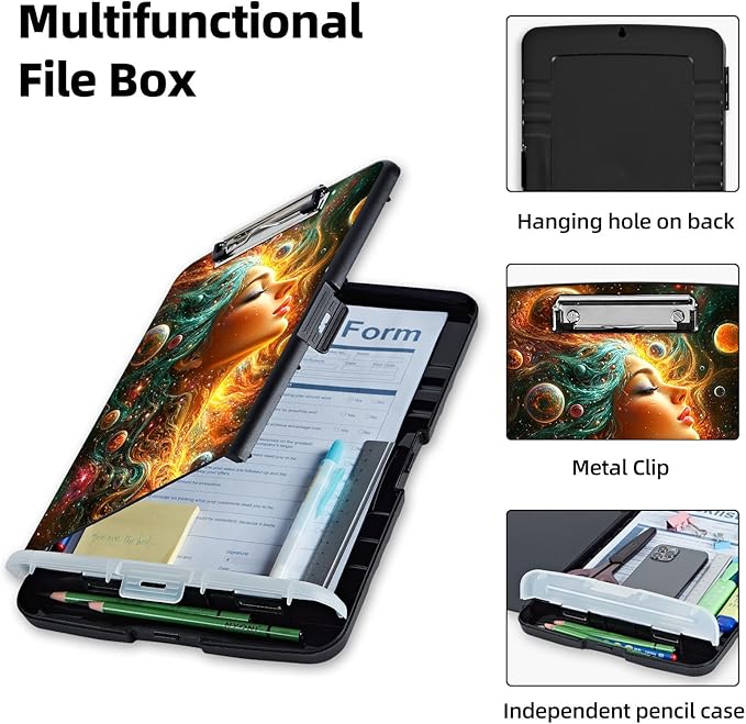 Clipboard with Storage Box & Pen Holder,Heavy Duty Clip Boards 8.5x11 for Nursing,High Capacity,School & Office Supplies,Cosmic Dream