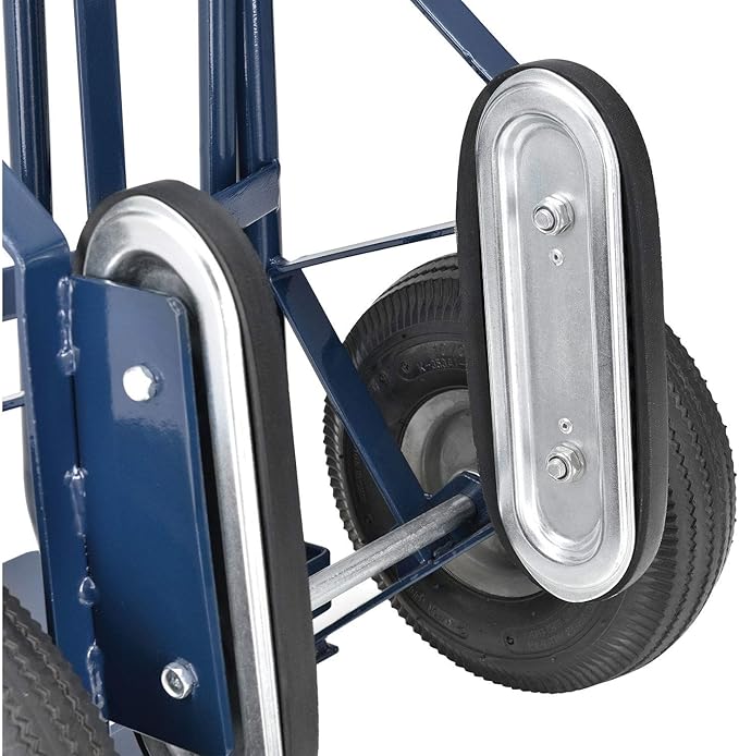 Global Industrial General Purpose Steel Hand Truck with Curved Handle & Stair Climbers, 10" Diameter Pneumatic Wheels, 14" W x 10" L Noseplate, 600 Lb. Capacity