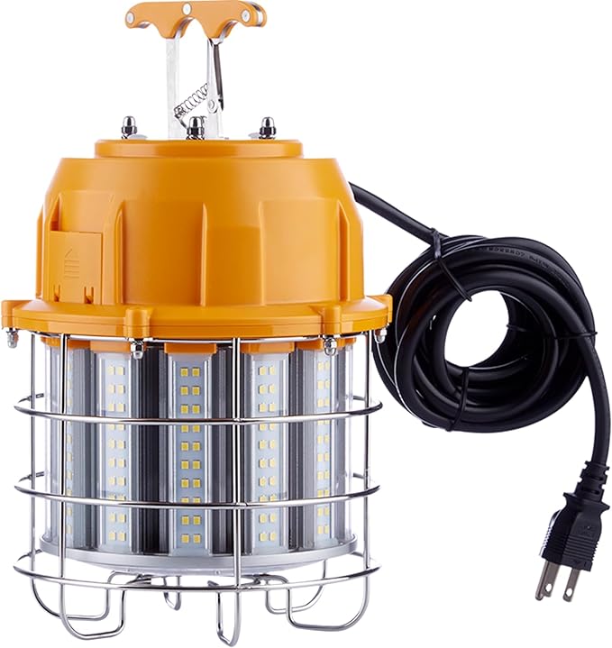 LED Temporary Work Light 60W, LED Construction Lights 7,200lm 5000K Daylight, Stainless Steel Guard Portable Hanging Work Lighting Workshop Jobsite Light Outdoor