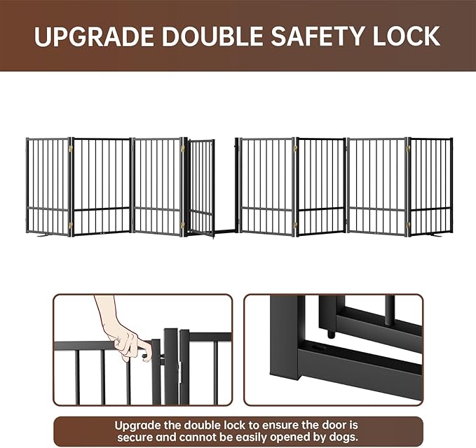 8 Panels Full Metal Freestanding Dog Gates with Door, 160” W x 32” H Folding Pet Gate Fence with Support Feet for Indoor,Stairs, Hallways and Doorways(Black)