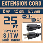 12 Gauge Indoor Outdoor Black Extension Cord Heavy Duty 25 FT, 12 AWG SJTW Electrical Cable, Weather-Resistant Power Cord, Great for Gardenfor, Offices and Lawns