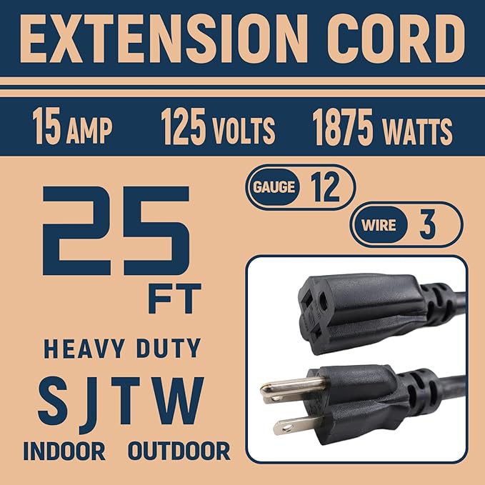 12 Gauge Indoor Outdoor Black Extension Cord Heavy Duty 25 FT, 12 AWG SJTW Electrical Cable, Weather-Resistant Power Cord, Great for Gardenfor, Offices and Lawns