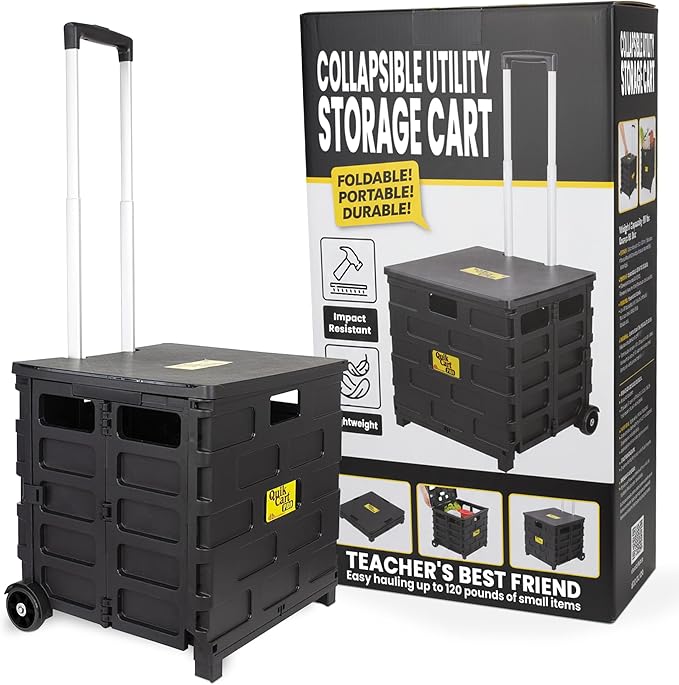 dbest products Quik Cart Pro Wheeled Rolling Crate Teacher Utility with seat Heavy Duty Collapsible Basket with Handle, Black