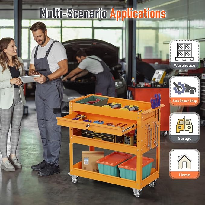 3 Tier Rolling Tool Cart, Heavy Duty Tool Cart on Wheels for Mechanics,400 LBS Tool Cart with Drawers for Garage, Warehouse & Repair Shop (Orange)