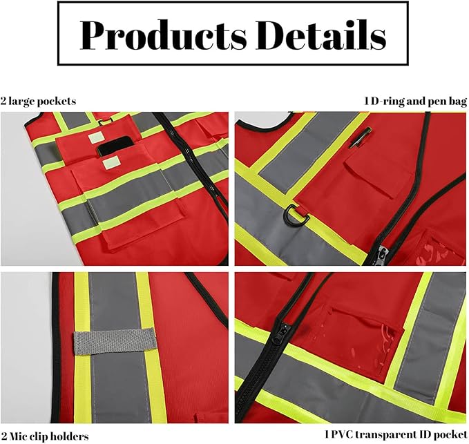 Safety Vest Reflective High Visibility with 5 Pockets ＆Zipper Class 2 Adult Unisex Construction Security Workwear
