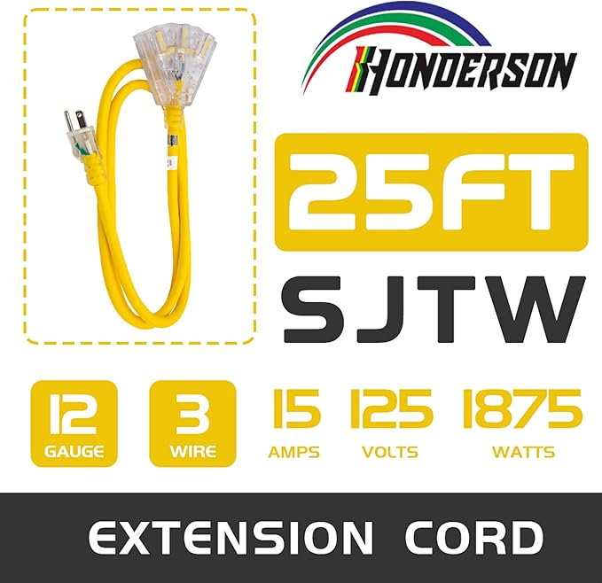 3-Outlets Indoor Outdoor Extension Cord Weatherproof with Lighted End, UL Listed, 12 Gauge 25FT Yellow 3 Prong Heavy Duty, 12/3 SJTW 15A Extension Cord