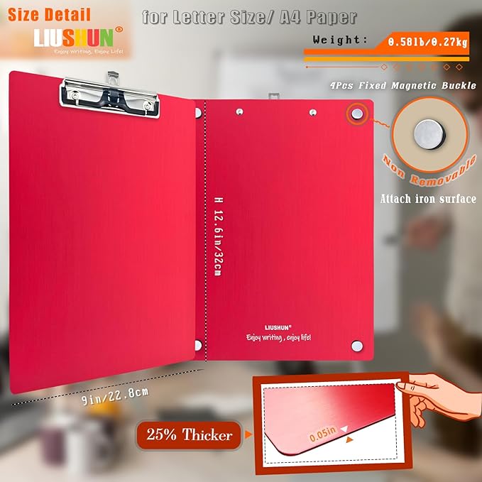 Aluminum Magnetic Clipboard A4 Metal Strong Fixed Magnet Message Clip Board Stainless Hangable w/Pen Holder Letter 9" x 12.6" for School Office Forklift Factory Workshops Garage Wharf Supplies (Red)