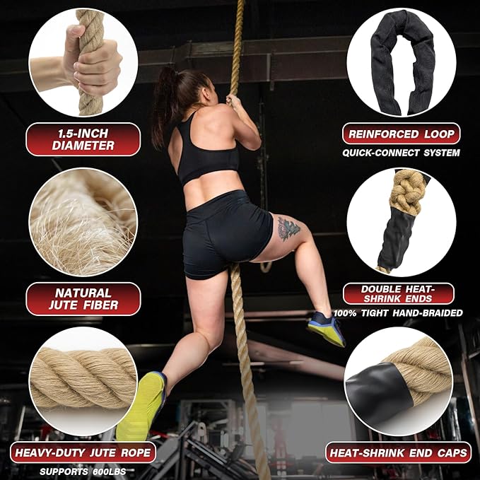 Climbing Rope Gym Workout - 10FT 15FT 20FT 25FT 30FT 35FT Heavy Duty Jute Thick Ropes for Adults Strength Training Outdoor Tree Swing Indoor Home Fitness Exercise - 1.5 Inch