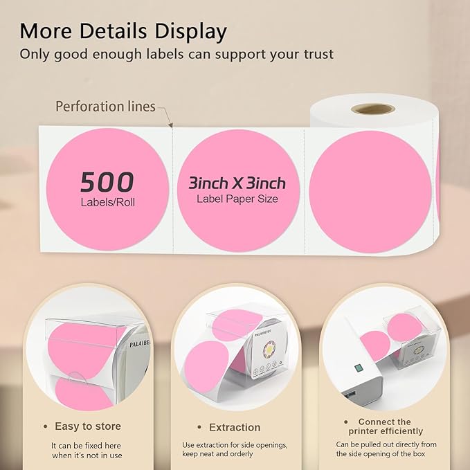 3 X 3 Inch Round Thermal Labels Circle Color Coding Labels Printable Waterproof 500PCS Round Stickers Adhesive Writable for Office, Home, Garage, DIY Sticker, Barcodes, Name Tag, Pink